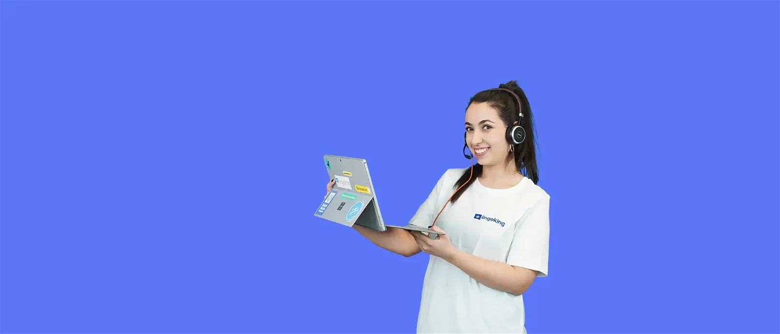 Employee of nlingoking with tablet and headset