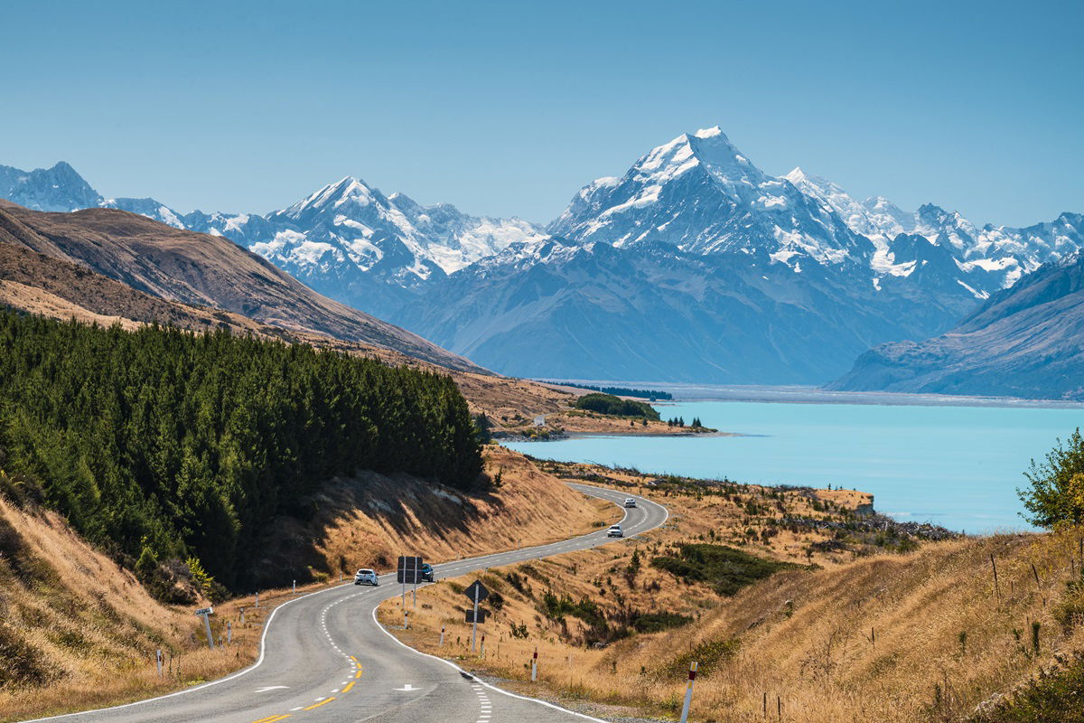 Mountaints, lake and road in New Zealand