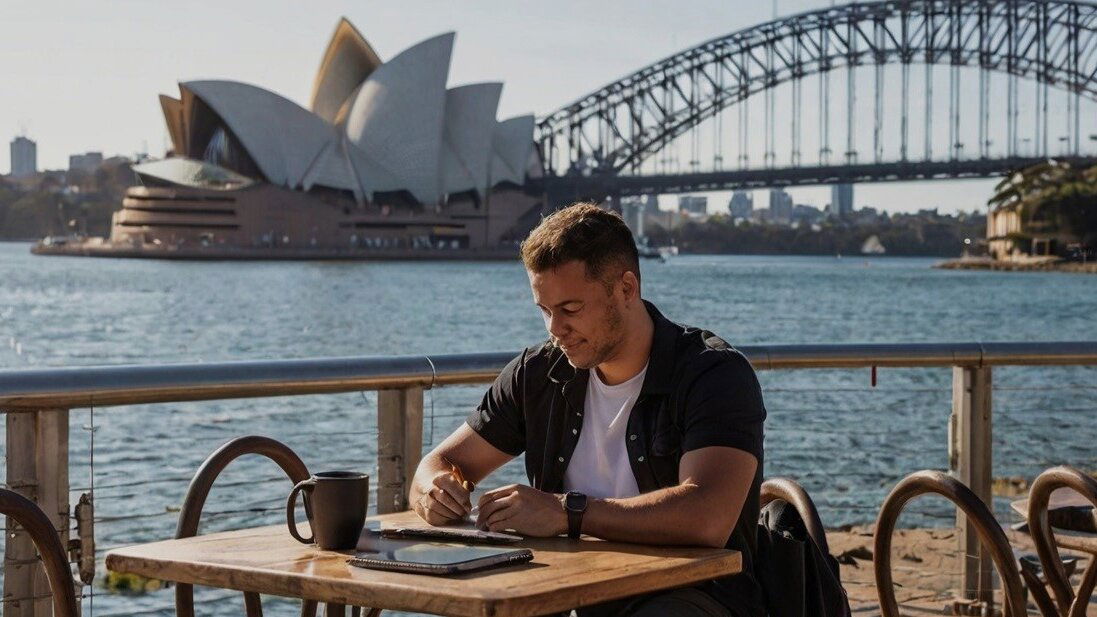 Man sitting at a table working in Australia with Sydney Opera house in the background
