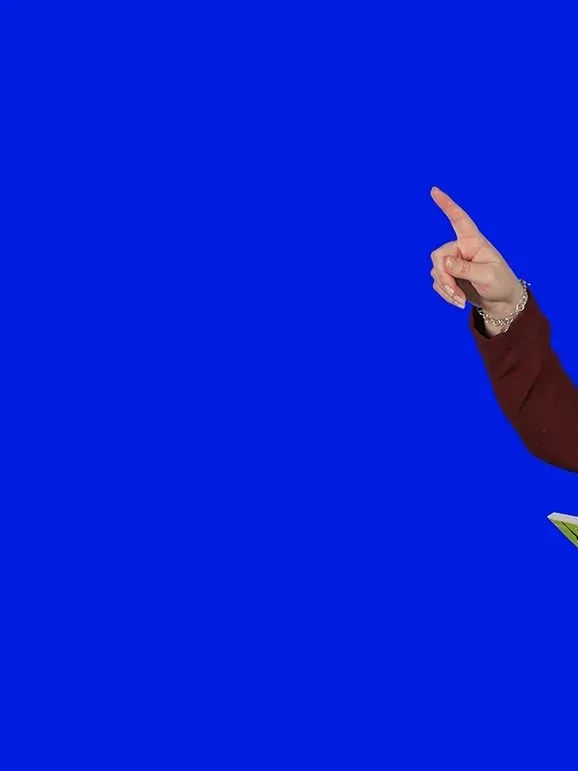 lingoking Mitarbeiterin hält einen Reiseführer und zeigt mit dem Finger in die Luft