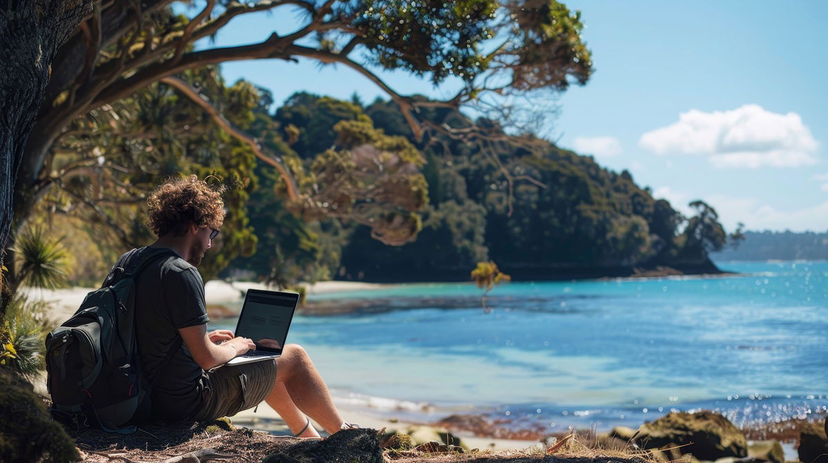 Mann sitzt mit Laptop am Strand