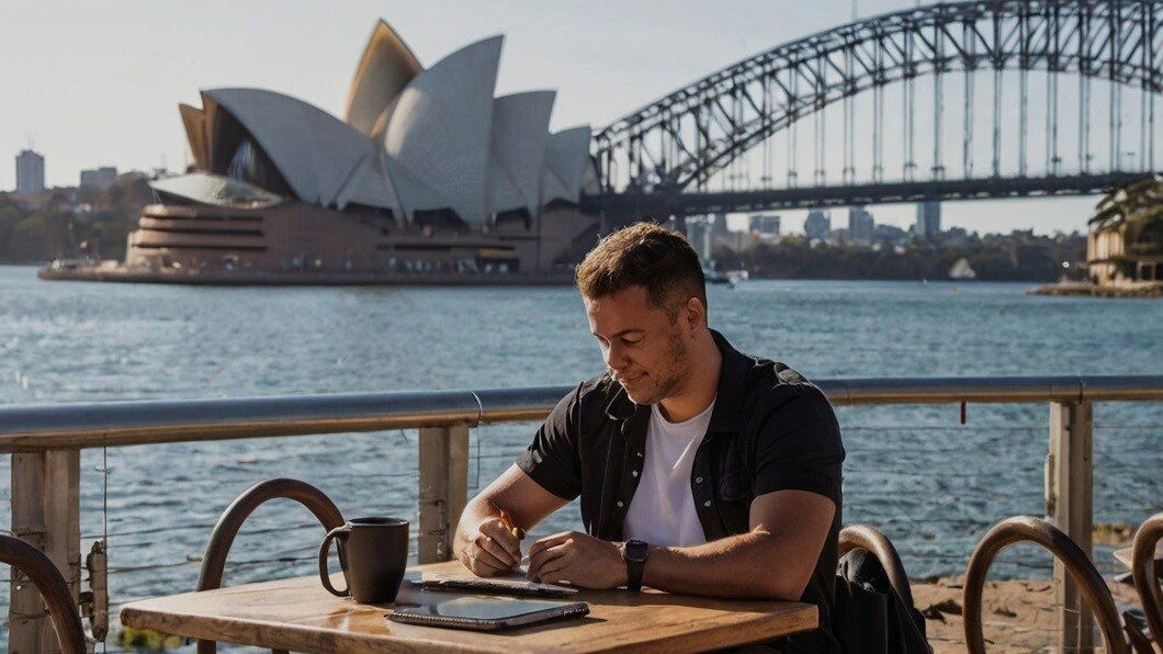 Mann arbeitet in Australien in einem Café mit dem Sydney Opera House im Hintergrund.