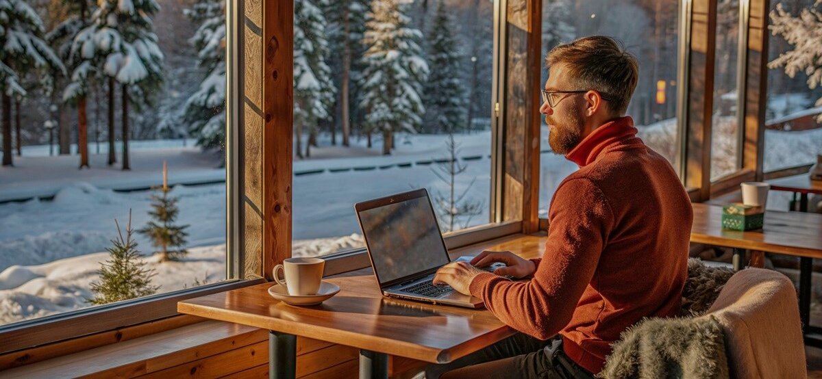 Mann arbeitet in Schweden mit Laptop am Fenster vor schneebedeckter Landschaft