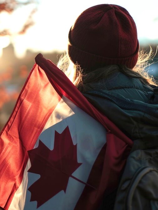 Woman standing in front of a lake in autumn with a Canadian flag in her bag