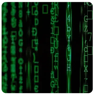 Against a black background, light green rows of numbers and letters run from top to bottom.
