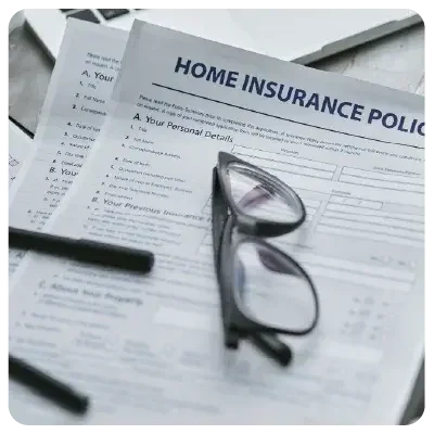 Auf mehreren "Home Insurance" Unterlagen liegen eine Brille und ein Stift.