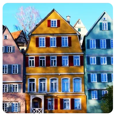 View of a colourful row of houses.