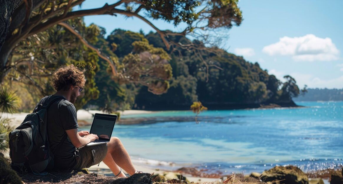 Work and Travel Australia: Man sitting at the beach with laptop