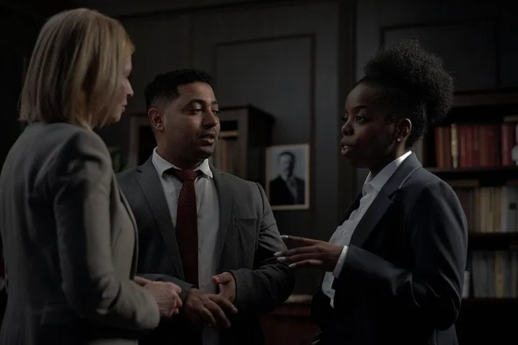 Three people discussing with each other