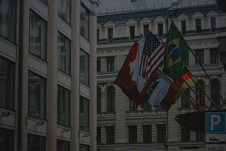 buildings with flags of different countries