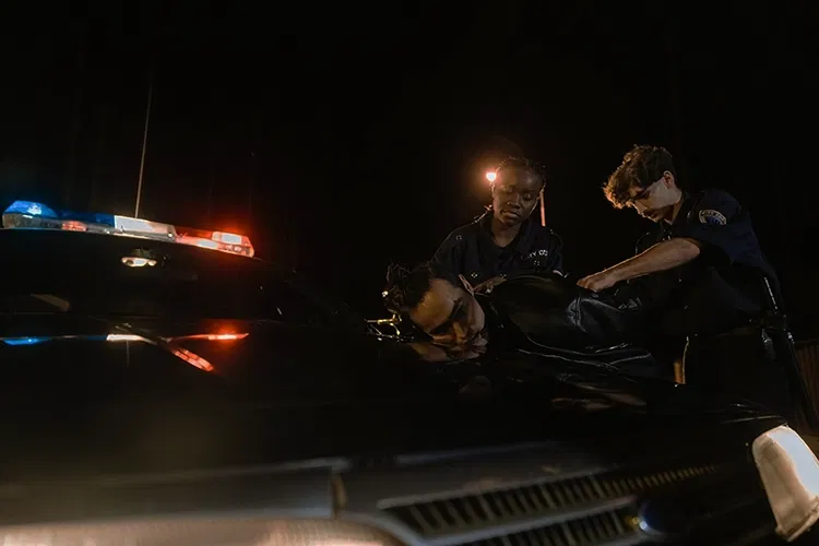 Two policemen arresting a person